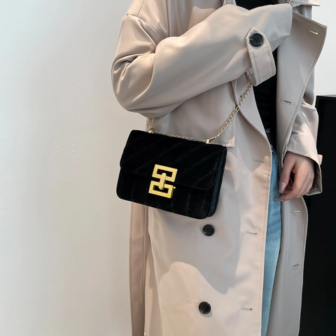 Borsa a Spalla in Velluto Trapuntato Vintage Catena d'Oro Piccola Borsa a Tracolla Con Chiusura Geometrica Donna Moda