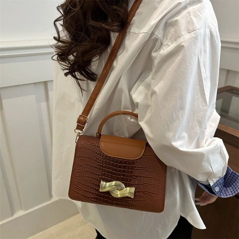 Vintage PU Leather Crocodile Pattern Small Square Bag For Women Gold Metal Handle Wave Buckle Shoulder Crossbody Bag