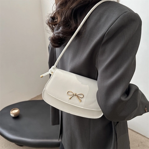 Women PU Leather Underarm Shoulder Bag Urban Minimalist Gold Bow Buckle Fashion Small Square Crossbody Bag Versatile Daily Handbag
