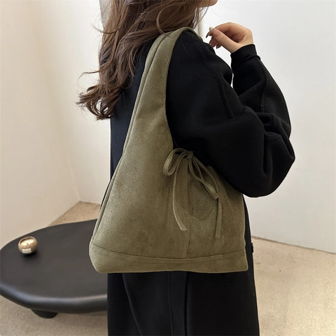 Bolso Tote de Hombro de Gamuza Sintética para Mujer Retro Simple Gran Capacidad Bolso de Axila Color Sólido Lazo Moda