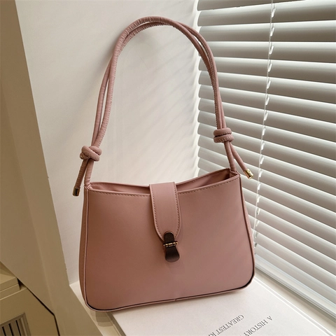 Vintage PU Leder Schultertasche Geknoteter Gurt Metallschloss Einfarbig Retro Unterarm Kleine Quadratische Umhängetasche Für Damen