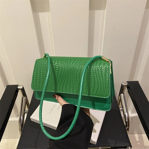Bolso de Hombro Minimalista para Mujer con Solapa Tejida de Cuero PU Color Sólido Bolso de Axila Cuadrado Pequeño