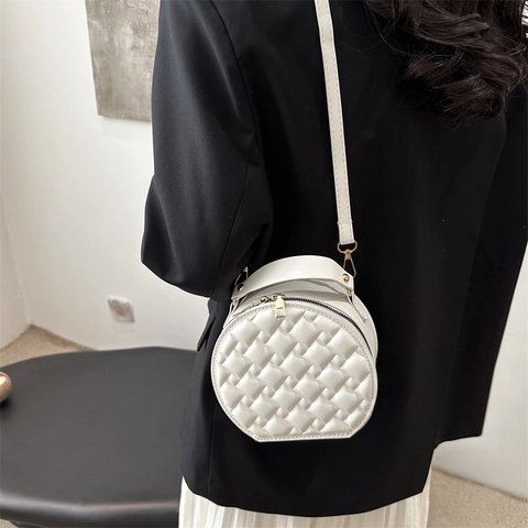 Bolso de Hombro Redondo Acolchado Retro para Mujer Moda Color Sólido Cuero PU Bolso de Mano con Asa Superior Diario