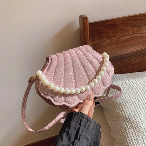 Bolso de Hombro para Mujer Forma de Concha PU Purpurina Bolso Bandolera Con Asa de Perlas Artificiales Bolso de Noche Elegante