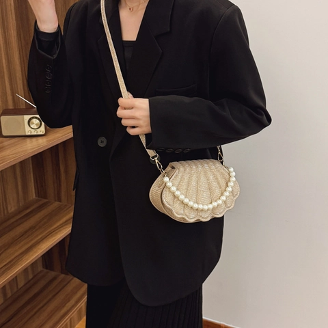 Bolso de Hombro para Mujer Forma de Concha PU Purpurina Bolso Bandolera Con Asa de Perlas Artificiales Bolso de Noche Elegante