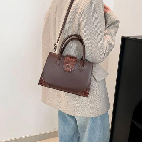 Vintage Women PU Leather Crocodile Pattern Shoulder Bag Simple Square Box Handbag Crossbody Satchel Urban Casual Bag