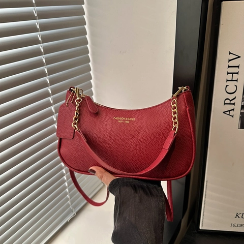 Bolso de Axila para Mujer de Cuero PU con Patrón de Lichi Retro Color Sólido Bolso de Hombro Cruzado con Correa de Cadena de Metal Dorado