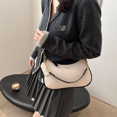 Bolso de Axila para Mujer de Cuero PU con Patrón de Lichi Retro Color Sólido Bolso de Hombro Cruzado con Correa de Cadena de Metal Dorado