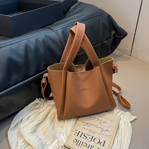 Women Litchi Pattern PU Leather Bucket Shoulder Bag Large Capacity Simple Solid Color Handbag Crossbody Bag Daily Fashion
