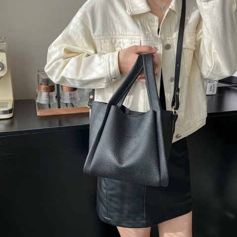 Women Litchi Pattern PU Leather Bucket Shoulder Bag Large Capacity Simple Solid Color Handbag Crossbody Bag Daily Fashion