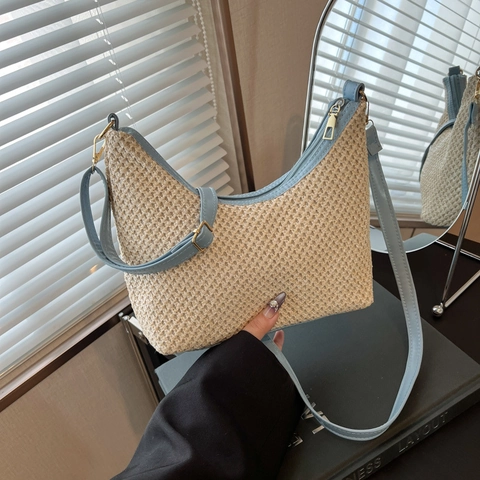 Sac à Épaule Femme Mode en Paille Tissée avec Cuir PU Grande Capacité Décontracté Hobo Sac Sous le Bras Bandoulière Été Plage