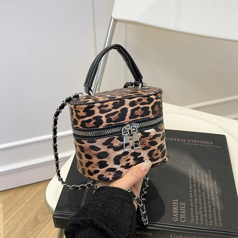 Vintage Leopard Print Cylinder Shoulder Bag For Women PU Leather Crossbody Bag Fashion Retro Boxy Handbag Large Capacity Tote