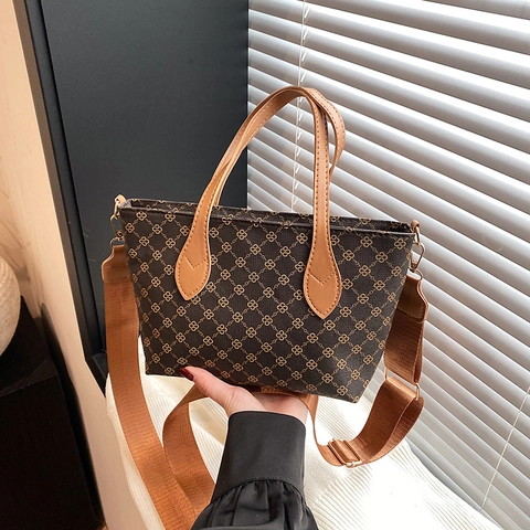 Vintage Monogram Print PU Lederen Tote Bag Grote Capaciteit Vrouwen Schouder Crossbody Tas Met Verstelbare Riem Woon-werk Handtas