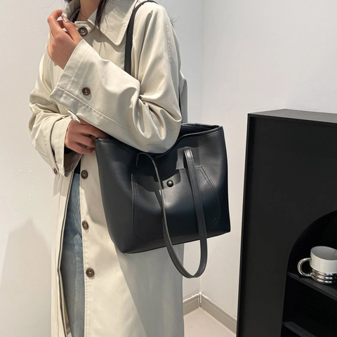 Bolso Tote de Cuero PU Minimalista para Mujer Gran Capacidad Bolso de Hombro Vintage Color Sólido Con Bolsillo Frontal