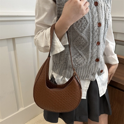 Sac à Bandoulière Croissant Femme en Cuir PU Motif Crocodile Texture Tissée Sac Sous l'Aisselle Vintage Hobo 2025