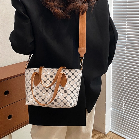 Vintage Monogram Print PU Lederen Tote Bag Grote Capaciteit Vrouwen Schouder Crossbody Tas Met Verstelbare Riem Woon-werk Handtas