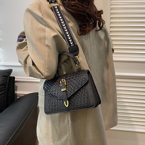 Trend Damen Gewebte PU Leder Umhängetasche Mode Kleine Quadratische Schultertasche Mit Breitem Riemen Handtasche Für Den Alltag