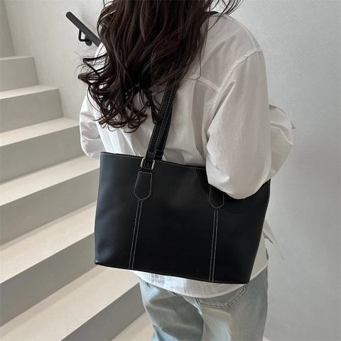 Damen Kontrastnaht PU Leder Einkaufstasche Große Kapazität Urban Casual Schultertasche Mode Pendler Handtasche