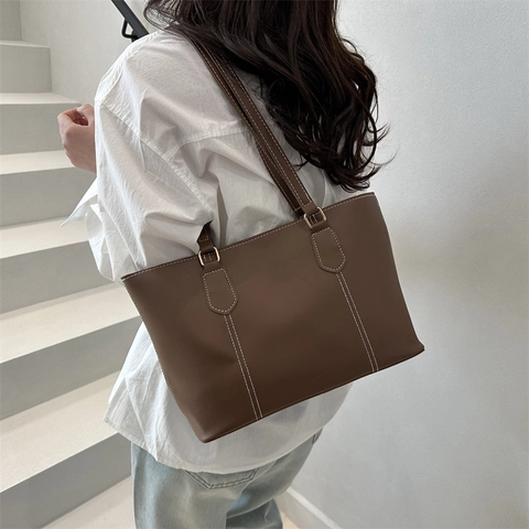 Bolso Tote de Cuero PU Minimalista para Mujer Color Sólido Gran Capacidad Bolso de Hombro de Moda Bolso de Colegio Casual