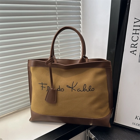 Bolso Tote de Lona Vintage de Gran Capacidad para Mujer Bolso de Mano con Costuras Artísticas Retro Bolso de Hombro en Color de Contraste para Viaje Diario