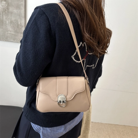 Vintage PU Leather Shoulder Bag For Women Retro Minimalist Crossbody Square Bag With Hardware Lock Flap Commuter Handbag