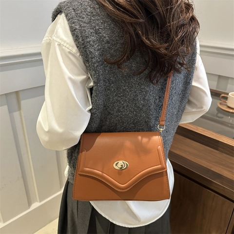 Moda Donna Borsa Quadrata Piccola in Pelle PU Retro Tinta Unita Chiusura a Scatto Borsa a Tracolla Semplice Versatile Borsa a Mano
