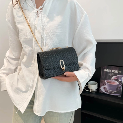 Damen Webstruktur PU Leder Schultertasche Mode Kettengurt Umhängetasche Quadratische Tasche Elegante Urbane Handtasche