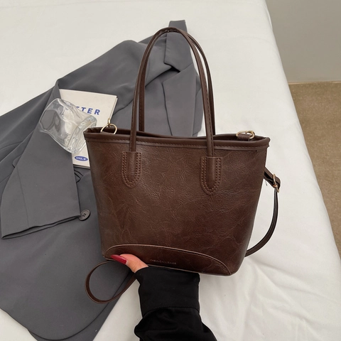 Vintage Large Capacity PU Leather Shoulder Bag For Women Minimalist Commuter Tote Bag With Adjustable Strap Solid Color