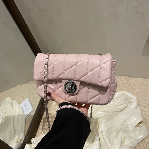 Women's Fashion Diamond Quilted PU Leather Shoulder Bag Minimalist Turn-Lock Square Chain Crossbody Bag Casual Daily Purse