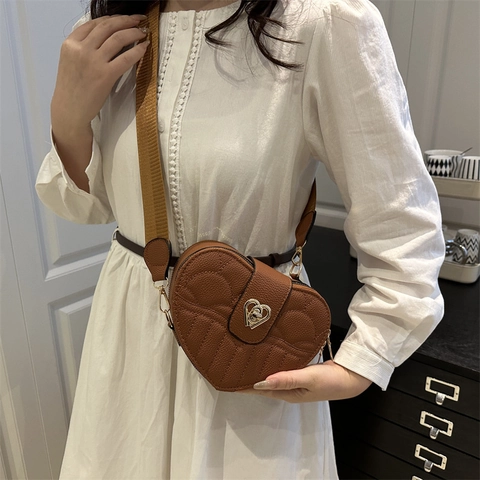 2025 New Heart Shaped Quilted Crossbody Bag For Women PU Leather Solid Color Wide Strap Shoulder Bag With Heart Metal Lock