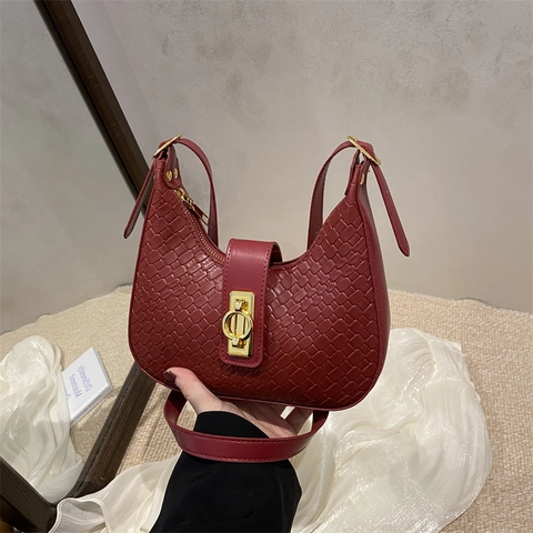 Sac Hobo en Cuir PU à Motif Tissé Minimaliste Urbain pour Femmes Sac à Épaule Sous le Bras Mode Grande Capacité Avec Boucle Dorée Rétro