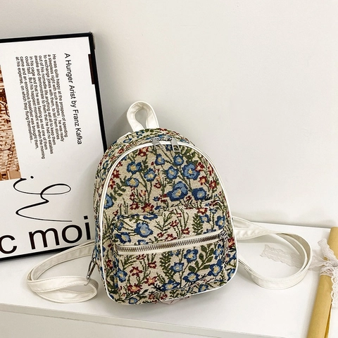 Women Mini Floral Jacquard Backpack Vintage Tapestry Small Rucksack With PU Leather Straps Casual Fashion Travel Bag