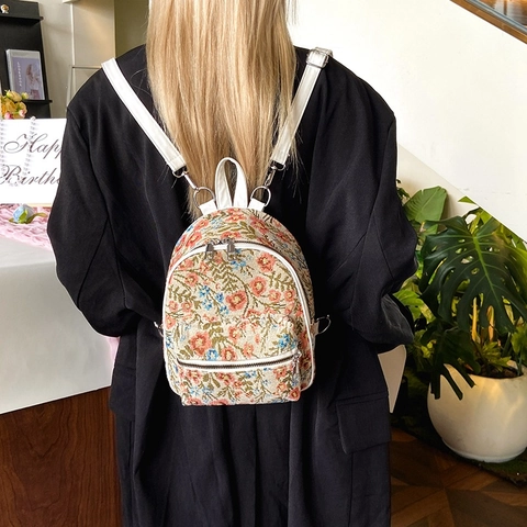 Women Mini Floral Jacquard Backpack Vintage Tapestry Small Rucksack With PU Leather Straps Casual Fashion Travel Bag
