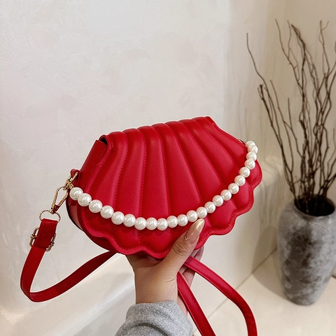 Elegante Dames PU Leren Schelpvormige Schoudertas Met Kunstparel Handvat Mode Geplooide Crossbody Tas Voor Dames