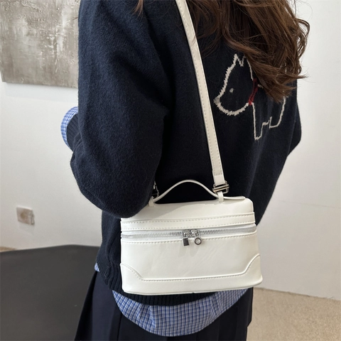 Bolso de Hombro Minimalista para Mujer Cuero PU Brillante Forma Caja Retro Color Sólido Bolso de Mano con Asa Superior Plateado