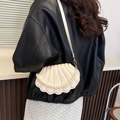 Fashion Women Shell Shaped Crossbody Bag With Artificial Pearl Handle PU Leather Pleated Design Small Shoulder Bag For Daily