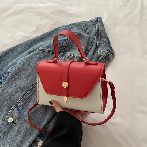 Modische Damen Farbblock Quadratische Tasche Elegante PU Leder Handtasche Stilvolle Kontrastfarbe Schulter Umhängetasche Alltag