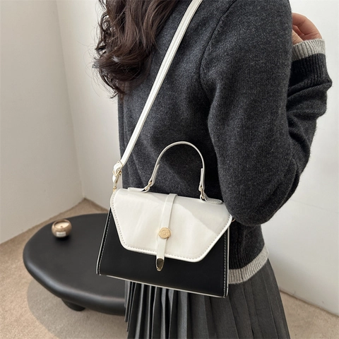Modische Damen Farbblock Quadratische Tasche Elegante PU Leder Handtasche Stilvolle Kontrastfarbe Schulter Umhängetasche Alltag
