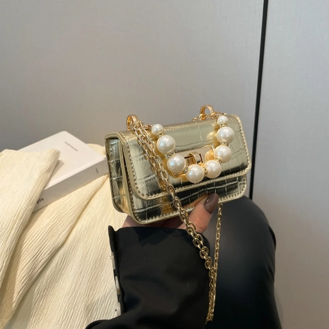 Borsa a Spalla Mini da Donna in Pelle PU con Motivo Coccodrillo e Manico di Perle Catena d'Oro Sottobraccio Piccola Quadrata Vintage