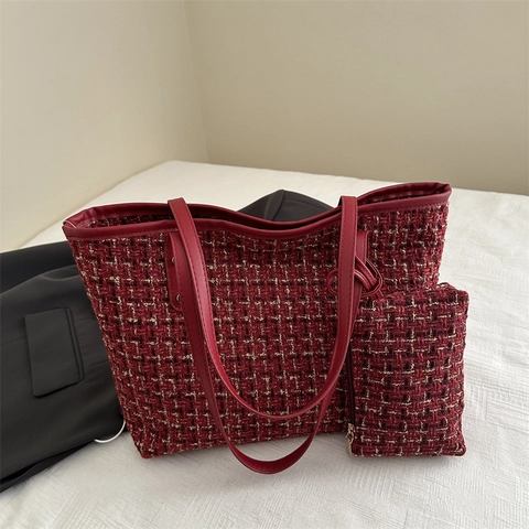 Elegante Borsa Tote Tweed da Donna a Quadri con Sottoborsa Grande Capacità Tessuto in Nylon Borsa a Tracolla Moda Casual per Lavoro Quotidiano