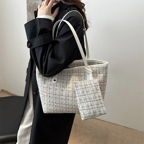 Elegante Borsa Tote Tweed da Donna a Quadri con Sottoborsa Grande Capacità Tessuto in Nylon Borsa a Tracolla Moda Casual per Lavoro Quotidiano