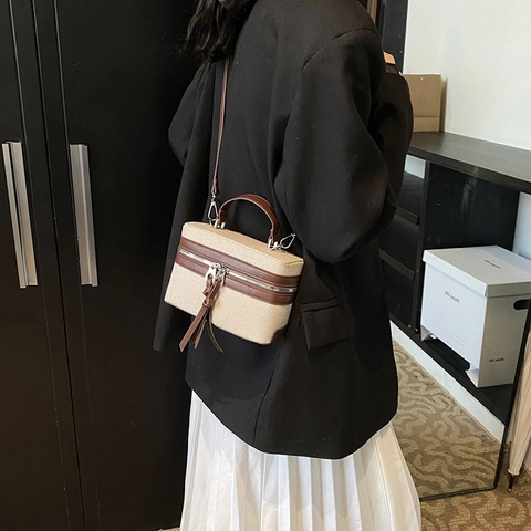 Women's Fashion Contrast Color Box Shoulder Bag 2025 New Patchwork PU Handbag Stylish Crossbody Bag With Tassel Urban Style