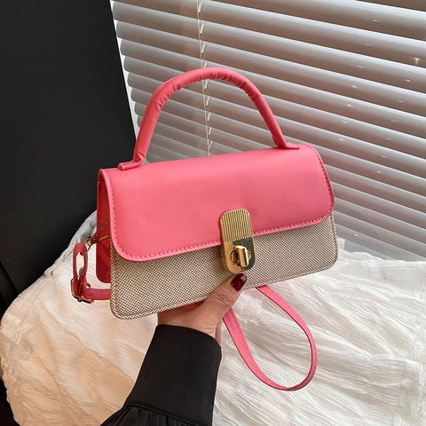 Damen Modische Umhängetasche Metallschloss Retro PU Leder Webtextur Handtasche Casual Mode Kleine Quadratische Flap Crossbody Bag