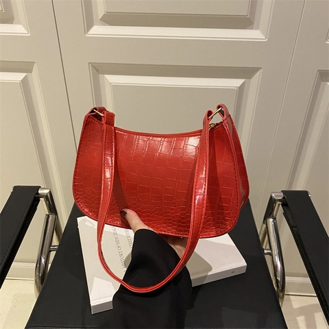 Women Retro Croc Pattern PU Leather Underarm Bag Solid Color Large Capacity Shoulder Bag Minimalist Fashion Hobo Bag