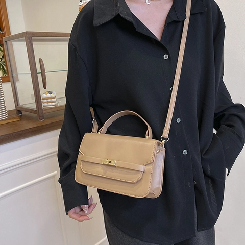 Bolso de Hombro de Cuero PU Simple para Mujer Bolso Cuadrado Pequeño Cruzado con Cierre de Metal Dorado Color Sólido Bolso Elegante