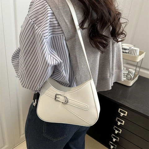 Women Urban Minimalist PU Leather Underarm Shoulder Bag With Belt Buckle Large Capacity Solid Color Daily Commute Hobo Bag