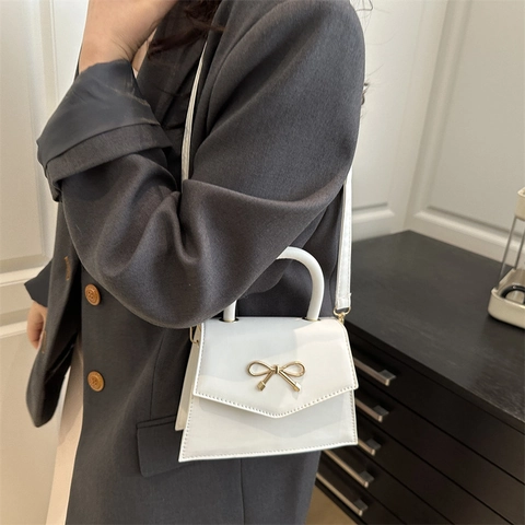 Bolso de Hombro para Mujer de Cuero PU Estilo Francés Color Sólido Moda Simple Lazo Decorativo Bolso Cruzado de Viaje Diario