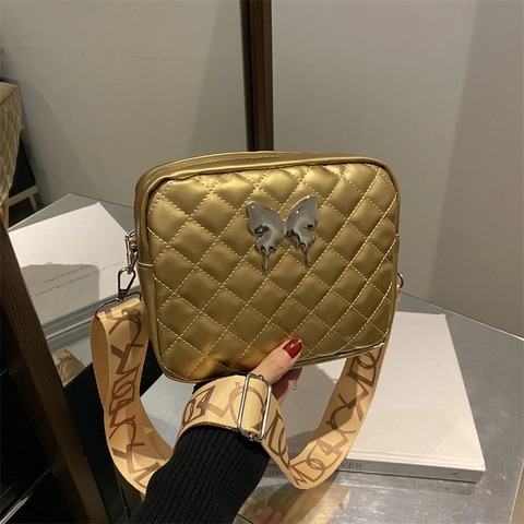 Women Quilted Diamond Lattice Crossbody Shoulder Bag PU Leather With Metal Butterfly Decor Wide Strap Fashion Square Bag