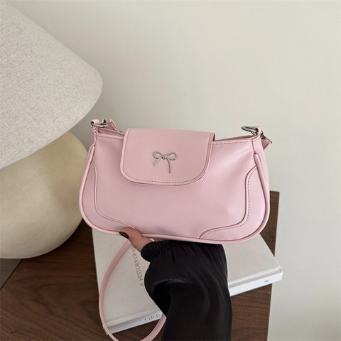 Bolso de Hombro de Cuero PU Retro con Lazo Moda Mujer Color Sólido Elegante Bolso de Axila para Mujer Ocio Diario