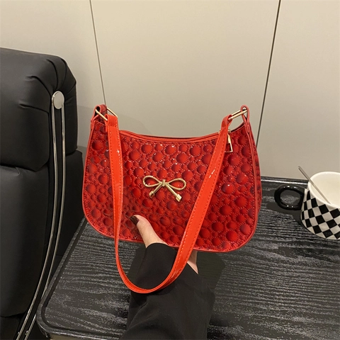 Borsa Sottobraccio in Pelle PU Lucida da Donna Con Fiocco in Metallo Motivo a Pietra Borsa a Spalla Hobo Piccola Borsa a Mano